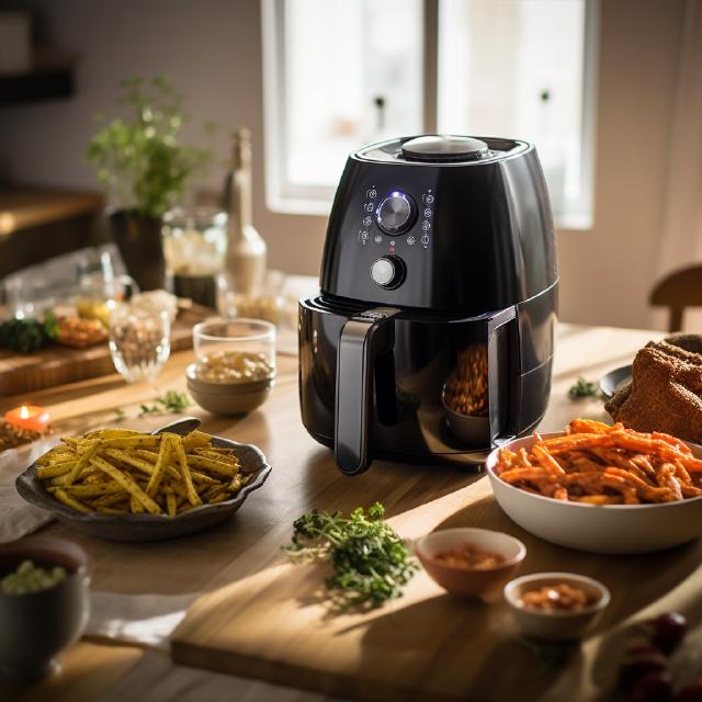 A modern air fryer with several possible ingredients around it