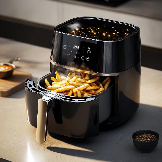 An airfryer with delicious, crispy-golden fries, ready for eating An airfryer with delicious, crispy-golden fries, ready for eating