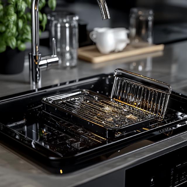 The parts of a toaster oven with airfryer being cleaned in a sink The parts of a toaster oven with airfryer being cleaned in a sink