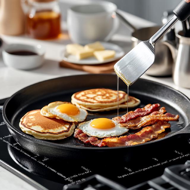 A flat-top griddle with pancakes, bacon and sunny side up eggs sizzling on it