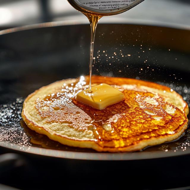 Close-up of a griddle cooking golden-brown pancakes at 375°F, with bubbles forming on the surface and a spatula ready to flip.