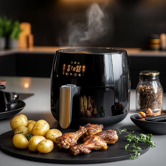 A modern air fryer with steam rising from it, indicating odor issues